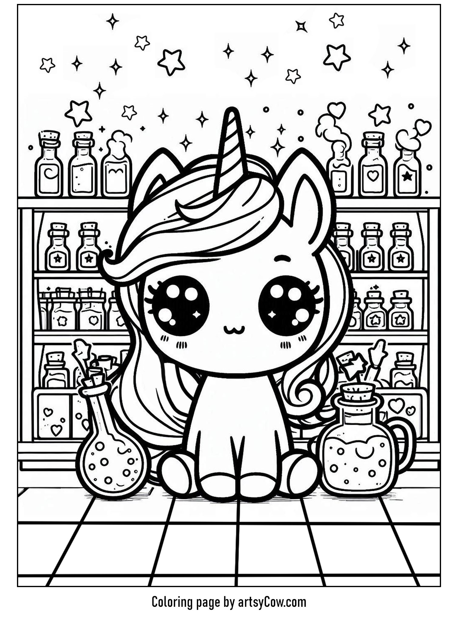 Halloween coloring pages with unicorn 2 featuring a cute unicorn in a potion shop filled with magical bottles and stars.